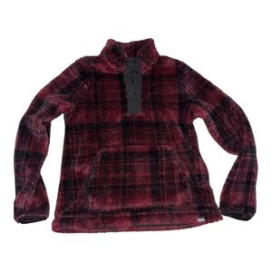 Eddie Bauer Plaid Fleece Snap Pullover Burgundy Black Size Medium Cozy Outdoor